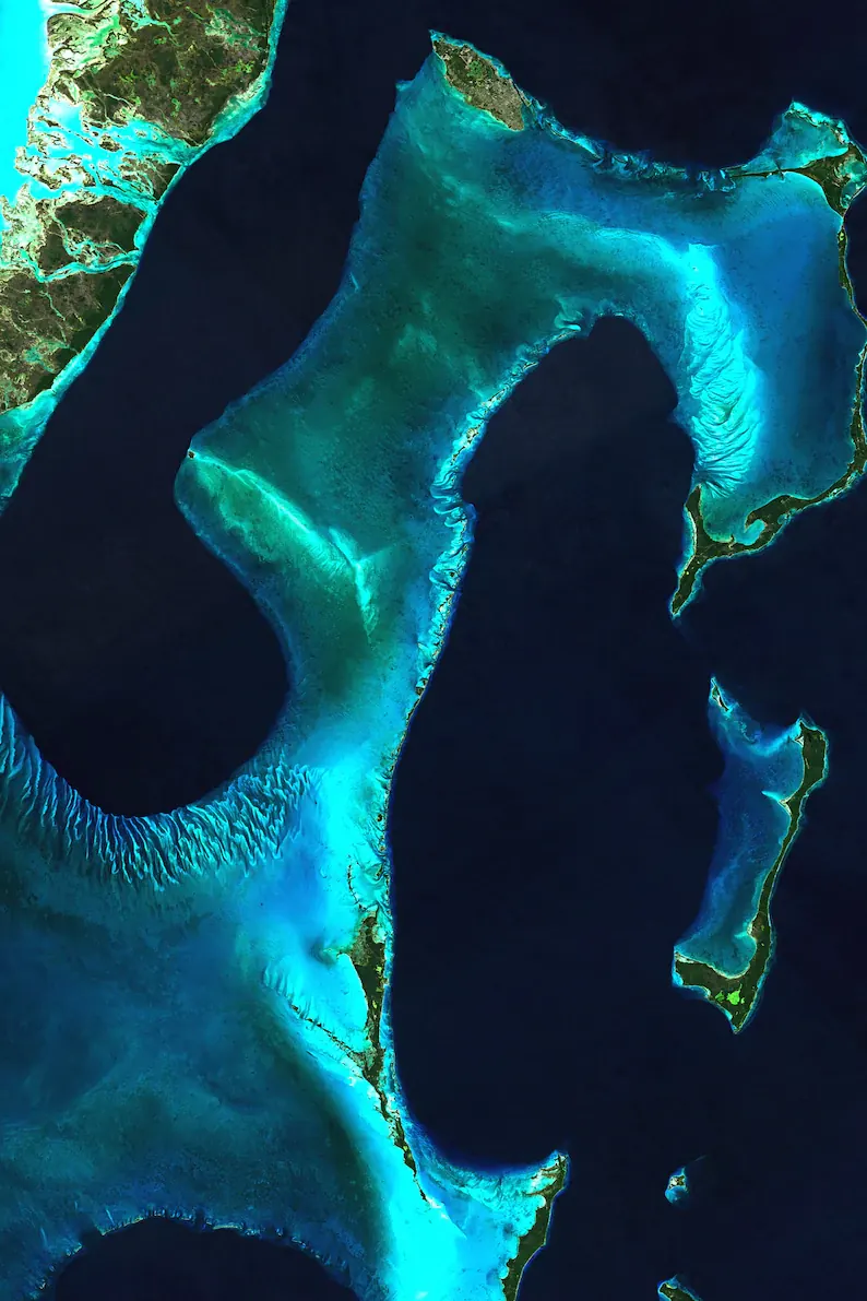 Exuma island chain from above — the Great Bahama Bank and Exuma Sound, Bahamas
